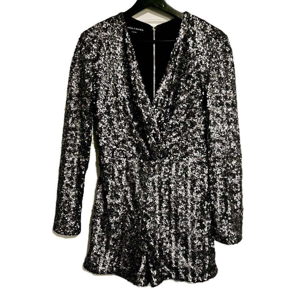 BEBE x NAVEN Bronze, Gunmetal, Gold, Sequin, Deep V-Neck, Romper Size 6
